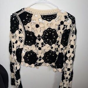 Luxe Openwork Crochet Cardigan in Black and Cream